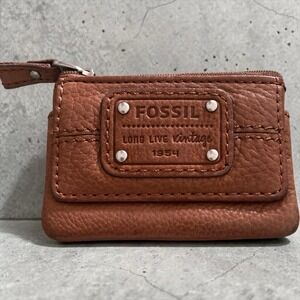 Fossil Brown Leather Zip Key Coin Wallet ID Holder Vintage